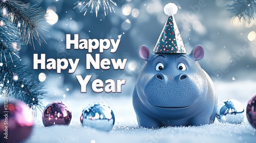 Digital artwork of a playful hippo celebrating new year in a winter wonderland photo