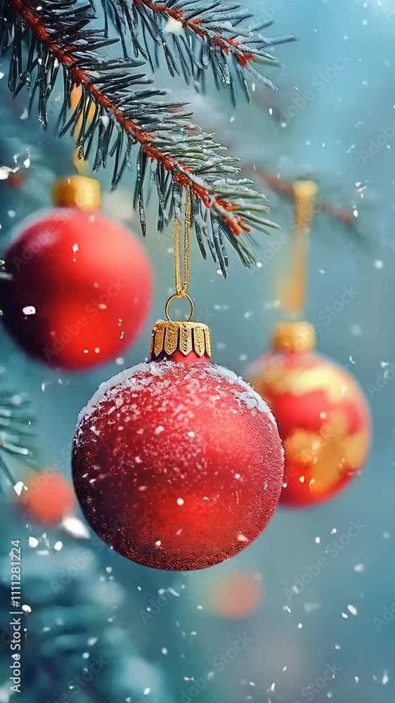 Red Christmas balls are hanging on a fir tree branch on the street by the slowly falling snow Red Christmas balls are hanging on a fir tree branch on the street by the slowly falling snow