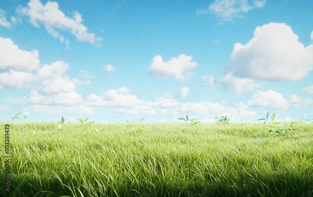 Obraz premium A serene landscape featuring lush green grass under a bright blue sky with fluffy clouds.