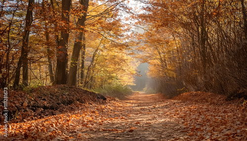 Natural path with dry leaves around it