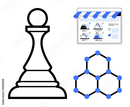 Chess pawn, online storefront interface, hexagonal network structure. Ideal for strategy, decision-making, e-commerce, marketing, networks teamwork innovation. Line metaphor