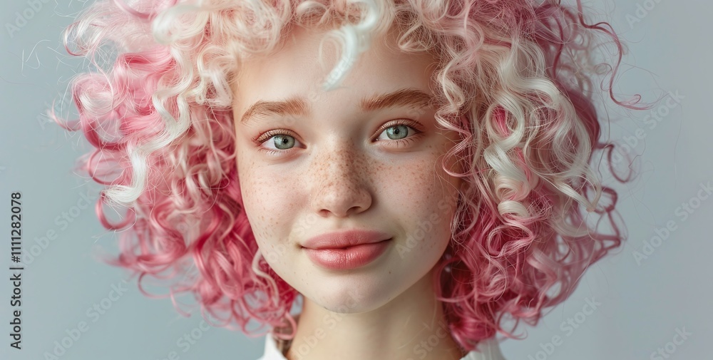 Woman with pink and white curly hair, close-up portrait, vibrant pink background, natural makeup, creative hairstyle, modern and artistic photography, youthful and bold concept
Woman with pink and white curly hair, close-up portrait, vibrant pink background, natural makeup, creative hairstyle, modern and artistic photography, youthful and bold concept