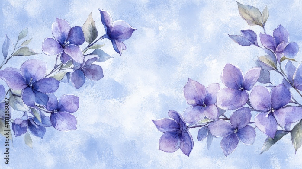 Fototapeta premium Watercolor painting of purple flowers on a light blue background.