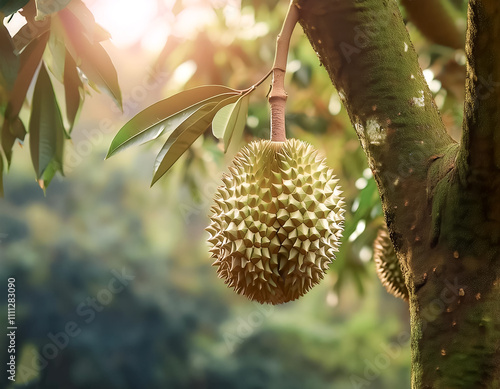 Natural durian tree with Ripe durian photo