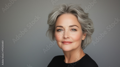 Elegant woman with short gray hair, smiling softly against neutral background, showcasing confidence and grace.