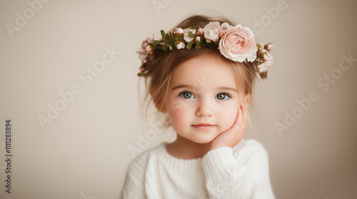 Child with floral crown, soft expression, wearing white sweater, portrait photography, gentle lighting, serene atmosphere, innocence, beauty, natural look, close up.