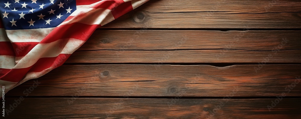 Obraz premium American flag draped on rustic wood. Vintage style. Patriotism and national pride. Usa flag on wooden background. Rustic design. Ideal for patriotic themes.