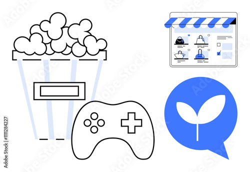 Popcorn bucket, gaming controller, e-commerce website, and speech bubble with leaf inside. Ideal for entertainment, gaming, e-commerce, eco-friendly, online shopping digital marketing