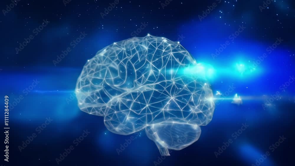 Polygonal brain with glowing lines and dots representing artificial intelligence, machine learning, creativity, and innovation on a blue background with stars Polygonal brain with glowing lines and dots representing artificial intelligence, machine learning, creativity, and innovation on a blue background with stars