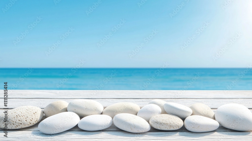 Serene Coastal View with Smooth White Pebbles on Wooden Plank Serene Coastal View with Smooth White Pebbles on Wooden Plank