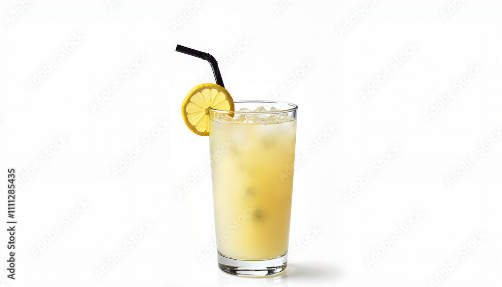 Refreshing lemonade with ice and lemon slice on white background Refreshing lemonade with ice and lemon slice on white background