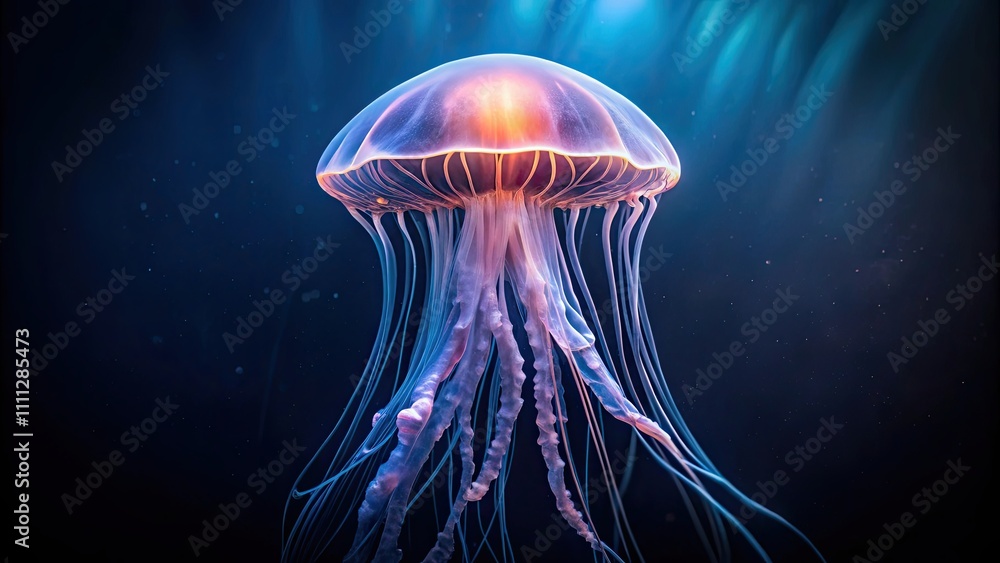 Fototapeta premium Glowing jellyfish floating in dark water, bioluminescent, marine life, underwater, ocean, exotic, colorful