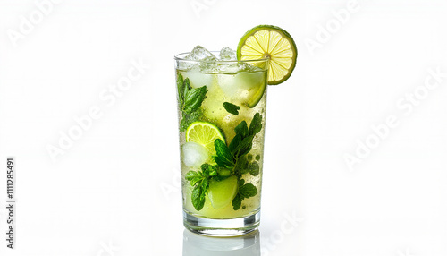 Refreshing mojito cocktail with lime and mint on white background