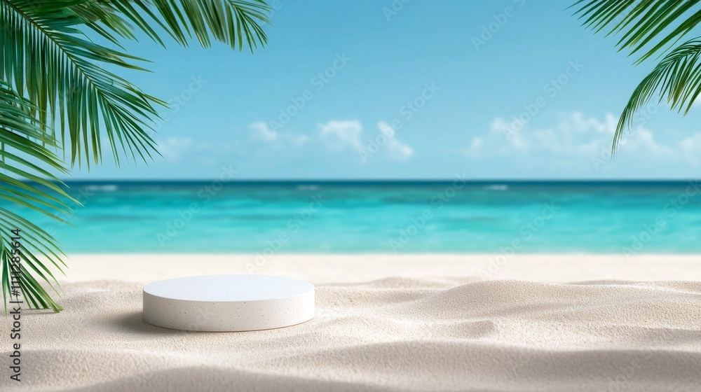 Fototapeta premium Serene Tropical Beach Scene with White Circular Display Platform (1)