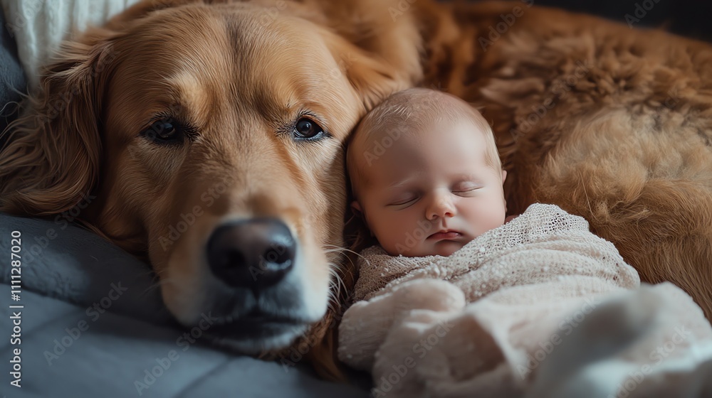 A newborn baby is sleeping peacefully next to a golden retriever dog. A newborn baby is sleeping peacefully next to a golden retriever dog.