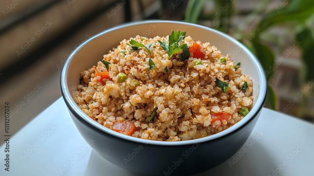 flavorful and aromatic cauliflower fried rice dish with vibrant vegetables, garnished with fresh herbs, served in bowl. Perfect for healthy and delicious meal flavorful and aromatic cauliflower fried rice dish with vibrant vegetables, garnished with fresh herbs, served in bowl. Perfect for healthy and delicious meal