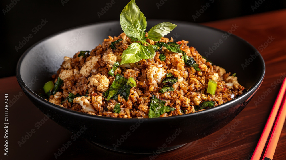 delicious bowl of cauliflower fried rice garnished with fresh basil leaves, served in black bowl on wooden table with red chopsticks, creating vibrant and appetizing presentation delicious bowl of cauliflower fried rice garnished with fresh basil leaves, served in black bowl on wooden table with red chopsticks, creating vibrant and appetizing presentation