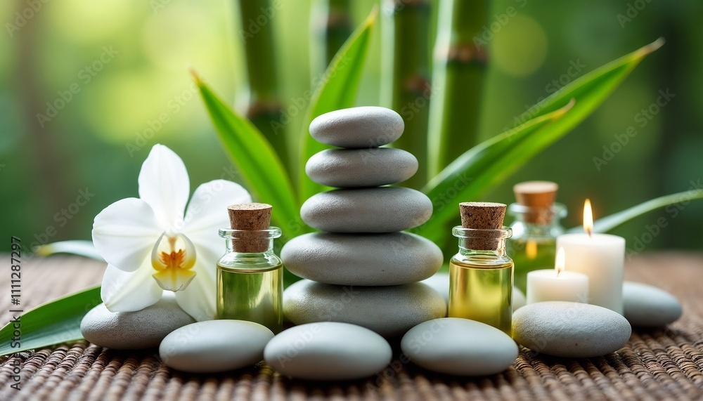 A serene spa scene featuring black stones, a white orchid, candles, and essential oils, creating a calming and meditative environment perfect for relaxation and rejuvenation.
A serene spa scene featuring black stones, a white orchid, candles, and essential oils, creating a calming and meditative environment perfect for relaxation and rejuvenation.