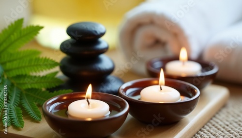 A serene spa setting featuring lit candles, zen stones, and a rolled towel. The calming ambiance is enhanced with a green leaf, creating an ideal atmosphere for relaxation and tranquility.

 photo