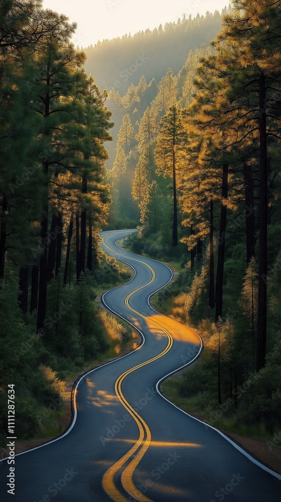 Fototapeta premium Scenic winding road meanders through rich forest at sunrise. Golden light bathes trees, road. Nature landscape photo. Travel adventure. Perfect for travel blog tourism magazine. Sunrise road trip.