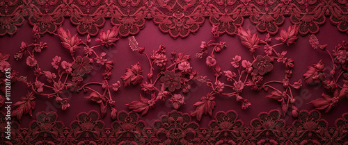 Burgundy floral lace background with embroidered flowers