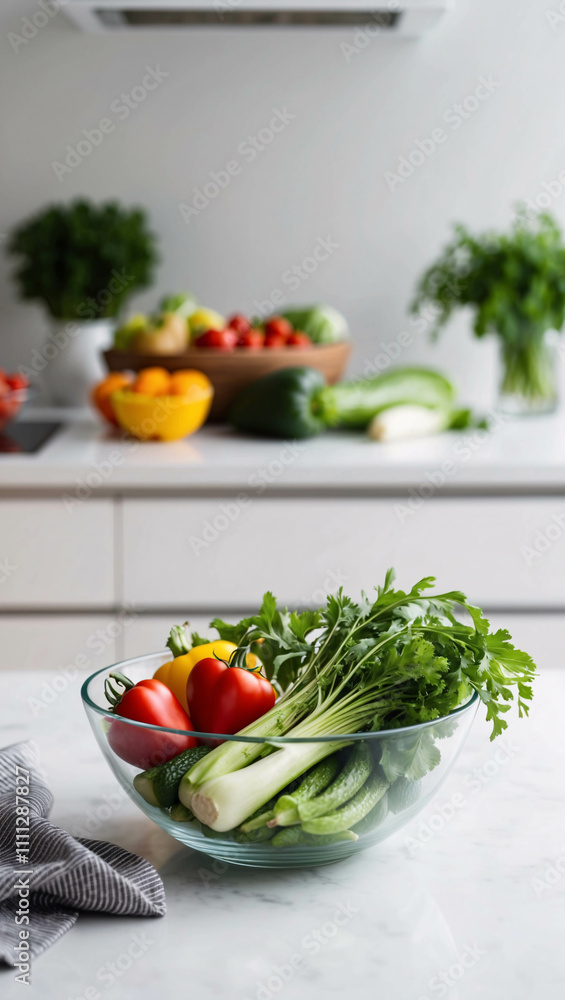 Vibrant Fresh Vegetables Displayed on a Clean White Table in a Modern Kitchen Environment Vibrant Fresh Vegetables Displayed on a Clean White Table in a Modern Kitchen Environment