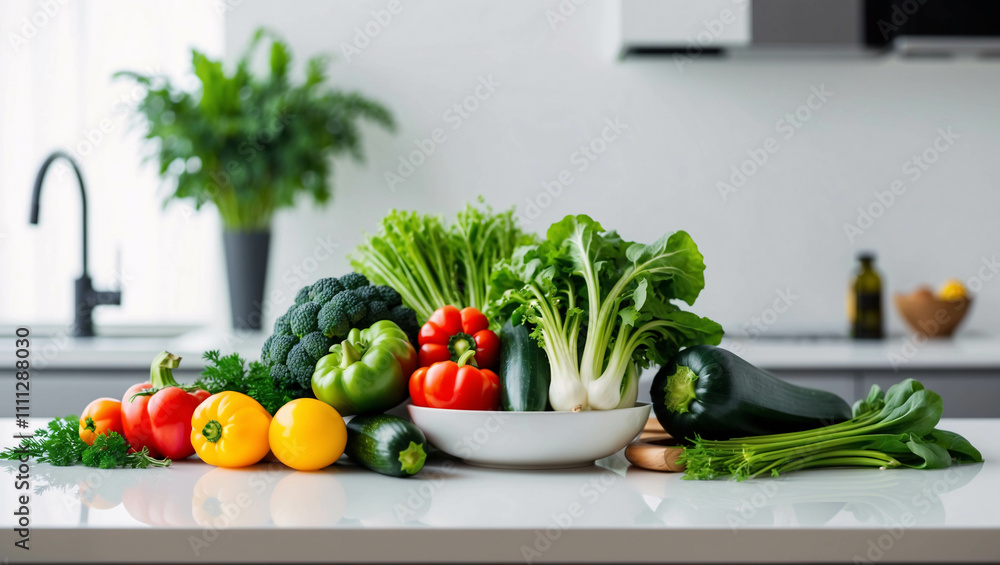 Clean Presentation of Fresh Vegetables on White Table in a Sleek Bright Modern Kitchen with Minimalist Style Clean Presentation of Fresh Vegetables on White Table in a Sleek Bright Modern Kitchen with Minimalist Style