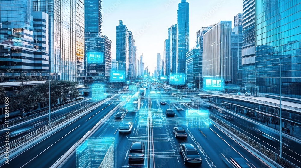 Fototapeta premium Smart City Transportation: Futuristic Highway with Connected Cars