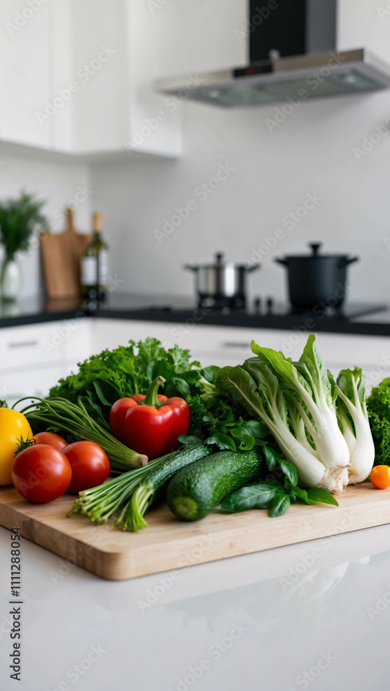 Clean White Table with Fresh Vegetables Arranged Neatly in a Stylish Modern Kitchen Setting Clean White Table with Fresh Vegetables Arranged Neatly in a Stylish Modern Kitchen Setting
