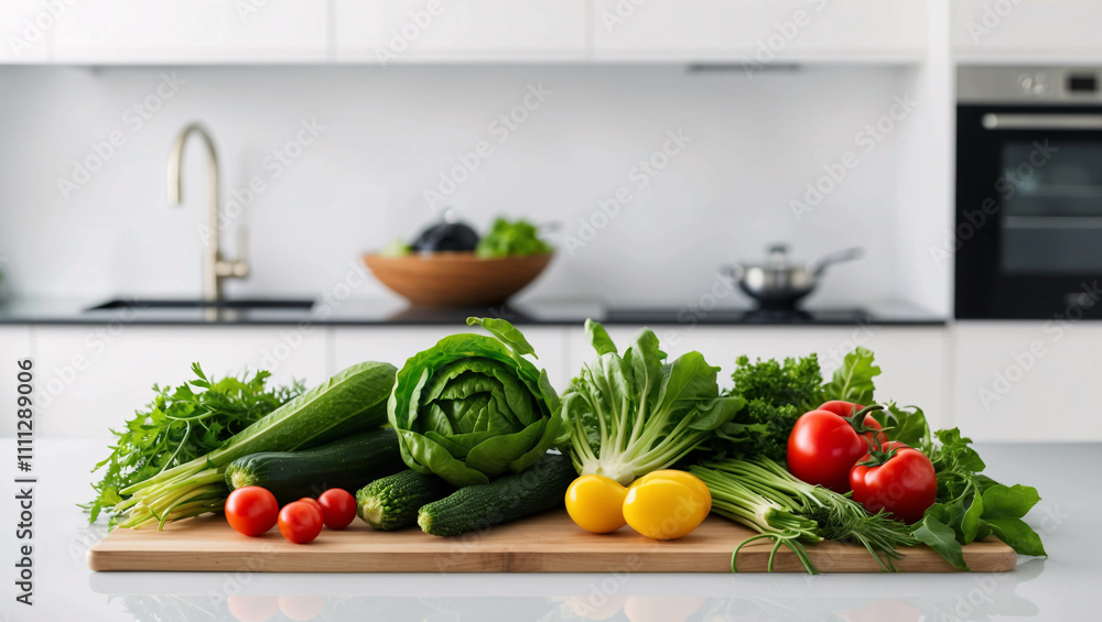 Fresh Vegetables Neatly Arranged in a Sleek Modern Kitchen with a White Table and Minimalist Aesthetic Fresh Vegetables Neatly Arranged in a Sleek Modern Kitchen with a White Table and Minimalist Aesthetic