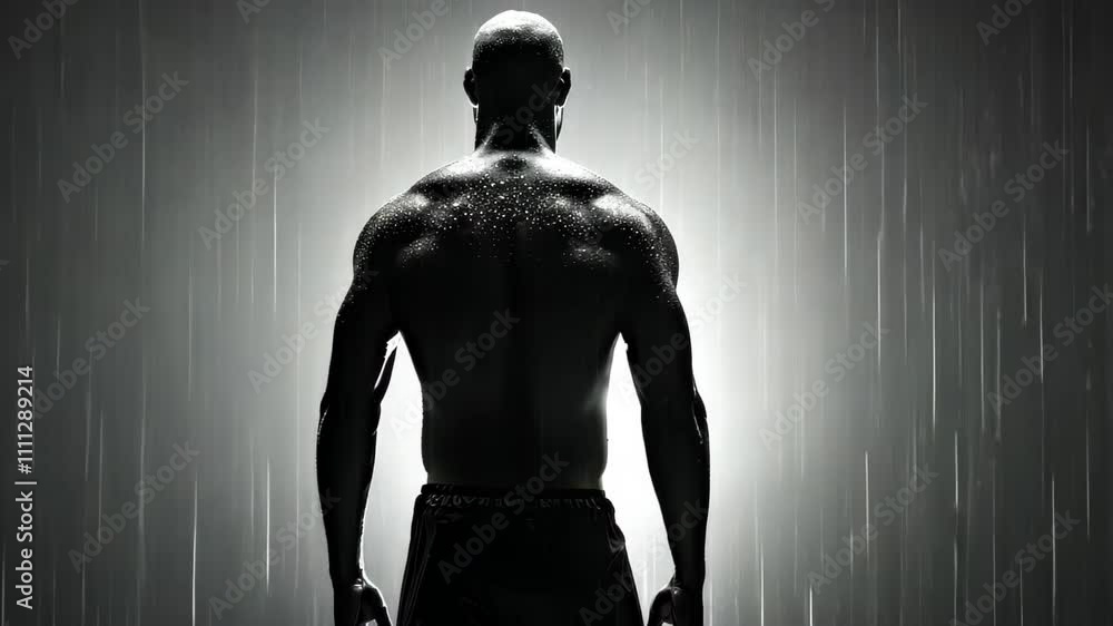 Striking silhouette image of a muscular man under a shower, showcasing his toned torso against a black backdrop. Striking silhouette image of a muscular man under a shower, showcasing his toned torso against a black backdrop.