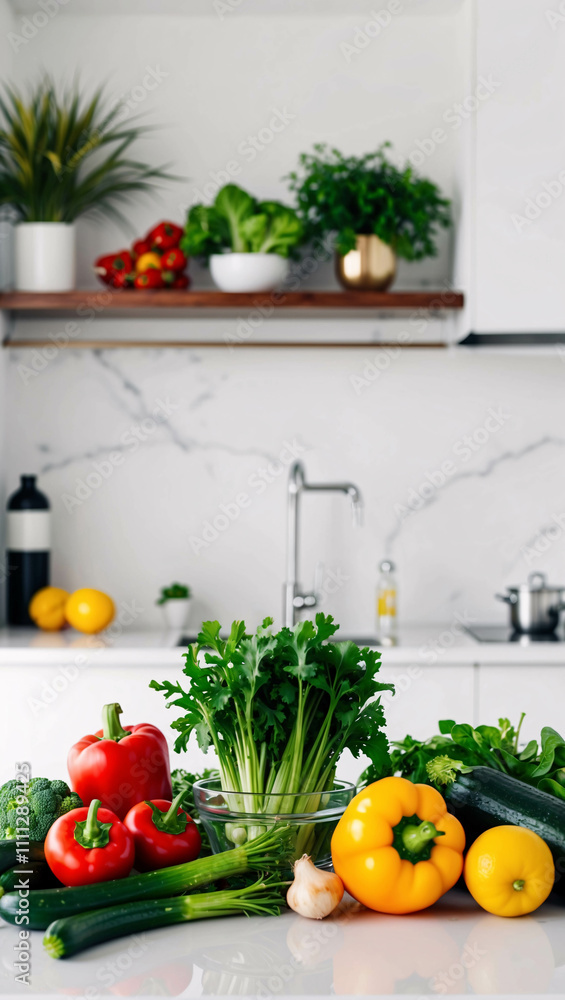 Fresh Vegetables on White Table in a Bright Clean Modern Kitchen with Minimalist Interior Fresh Vegetables on White Table in a Bright Clean Modern Kitchen with Minimalist Interior