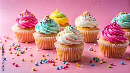 Colorful frosted cupcakes with sprinkles on pink background, cupcakes, colorful, frosted, sprinkles, pink, sweet, dessert