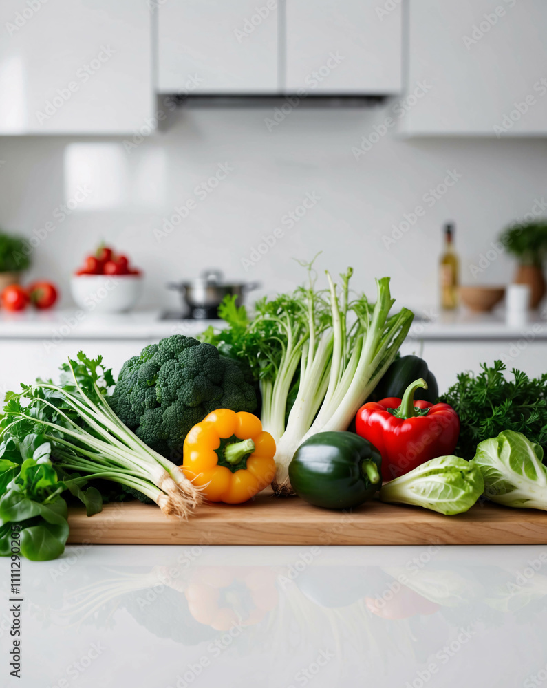 Healthy Fresh Vegetables Set on a White Table in a Contemporary Kitchen with Clean Design Healthy Fresh Vegetables Set on a White Table in a Contemporary Kitchen with Clean Design