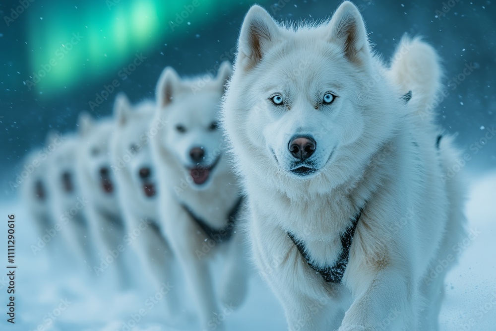 Obraz premium Husky dog sled team beneath colorful aurora in winter forest