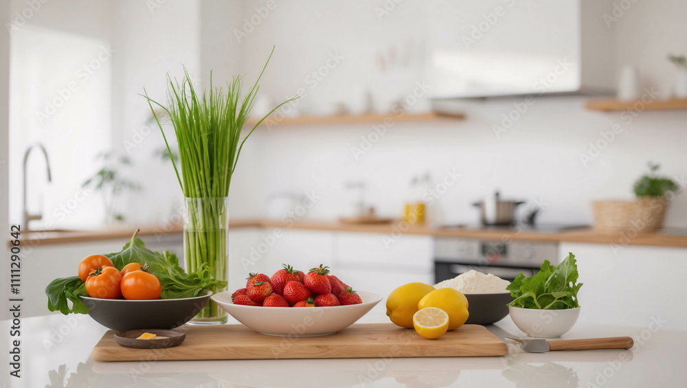 Simple Arrangement of Fresh Vegetables on a White Table in a Sleek Modern Kitchen with Minimalist Appeal Simple Arrangement of Fresh Vegetables on a White Table in a Sleek Modern Kitchen with Minimalist Appeal