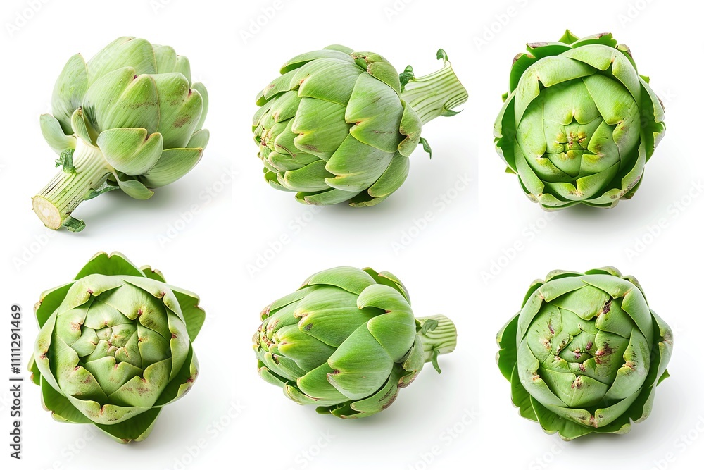 Obraz premium Whole fresh artichokes, vibrant green color, close-up of buds, isolated on white background, ideal for healthy eating, plant-based recipes, gourmet cooking, and food photography