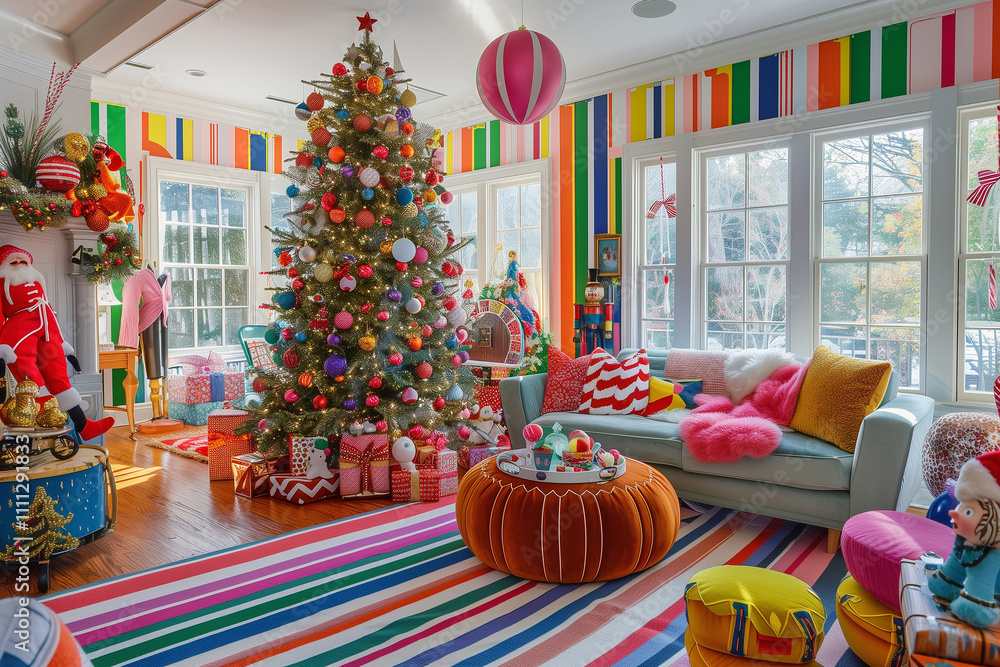 Obraz premium Colorful holiday decorations fill a cheerful living room with a vibrant Christmas theme
