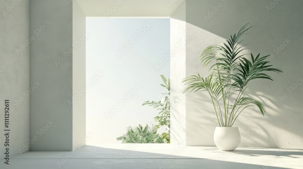 Minimalist Interior Design with Sunlight and Tropical Plants Minimalist Interior Design with Sunlight and Tropical Plants