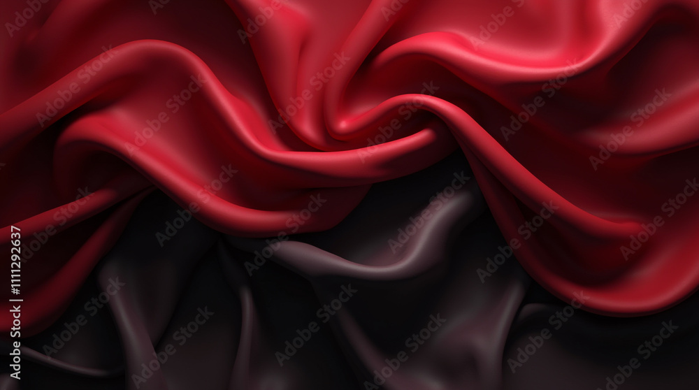 Fototapeta premium red satin fabric Abstract Background with 3D Wave black and red Gradient Silk Fabric. Generative Ai