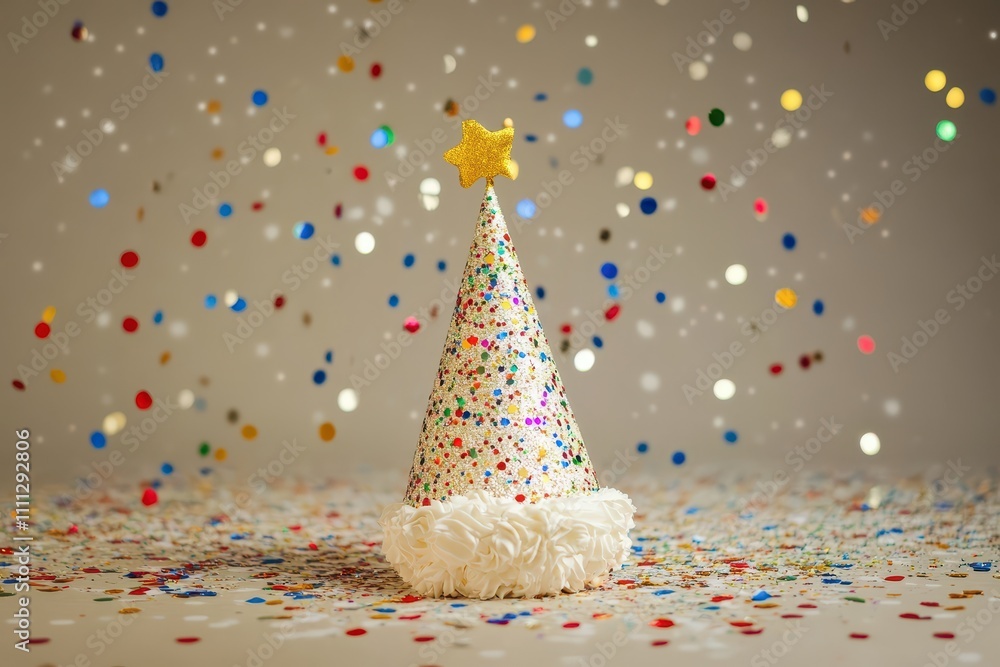 Festive party hat surrounded by colorful confetti Festive party hat surrounded by colorful confetti