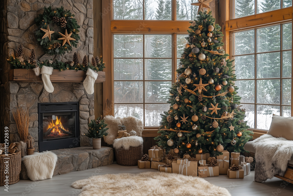 Cozy woodland-themed cabin interior during winter with a decorated Christmas tree and fireplace Cozy woodland-themed cabin interior during winter with a decorated Christmas tree and fireplace