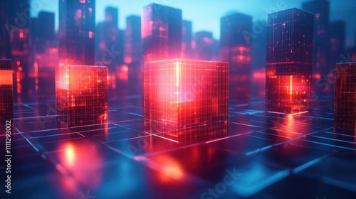 Glowing Red Cubes in a Digital Cityscape with Futuristic Architecture