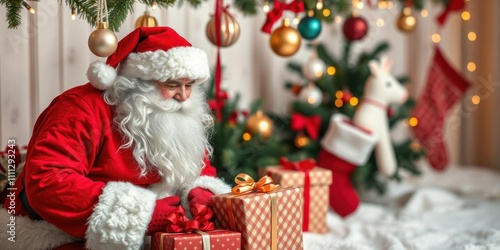 Decorated Christmas tree with colorful presents underneath, festive, cozy