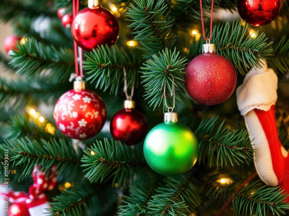 Decorated red ball on Christmas tree with socks in background, tree, seasonal Decorated red ball on Christmas tree with socks in background, tree, seasonal