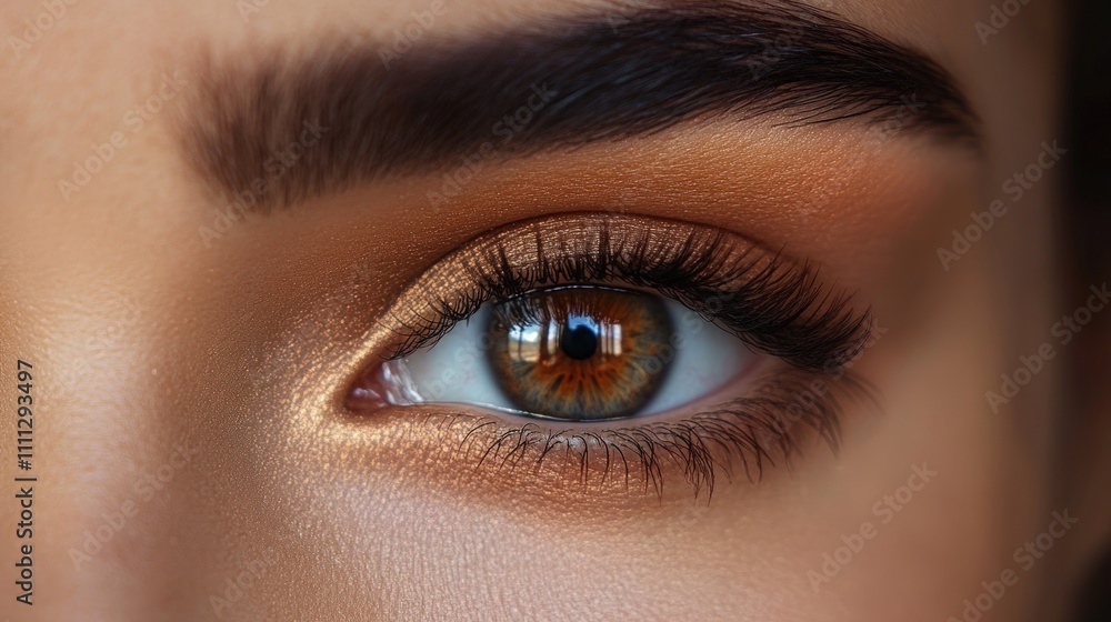 Close-up of a woman's eye with bronze eyeshadow and long lashes. Close-up of a woman's eye with bronze eyeshadow and long lashes.
