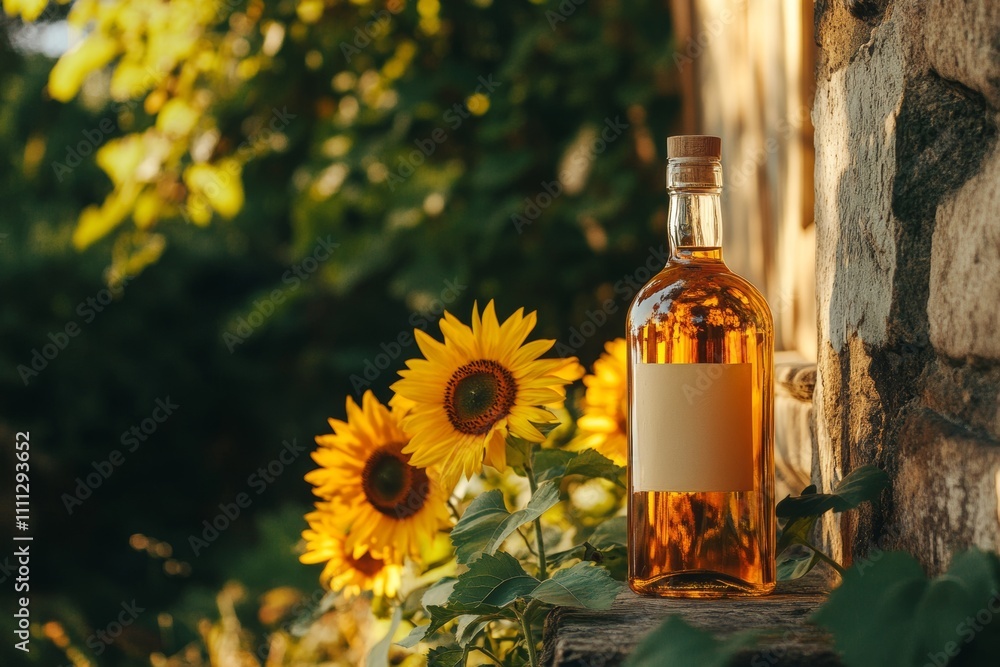 Sunlit bottle of amber liquid beside vibrant sunflowers in a serene outdoor setting Sunlit bottle of amber liquid beside vibrant sunflowers in a serene outdoor setting