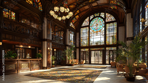 Grand Hotel Lobby  Stained Glass Windows  Luxury Interior Design