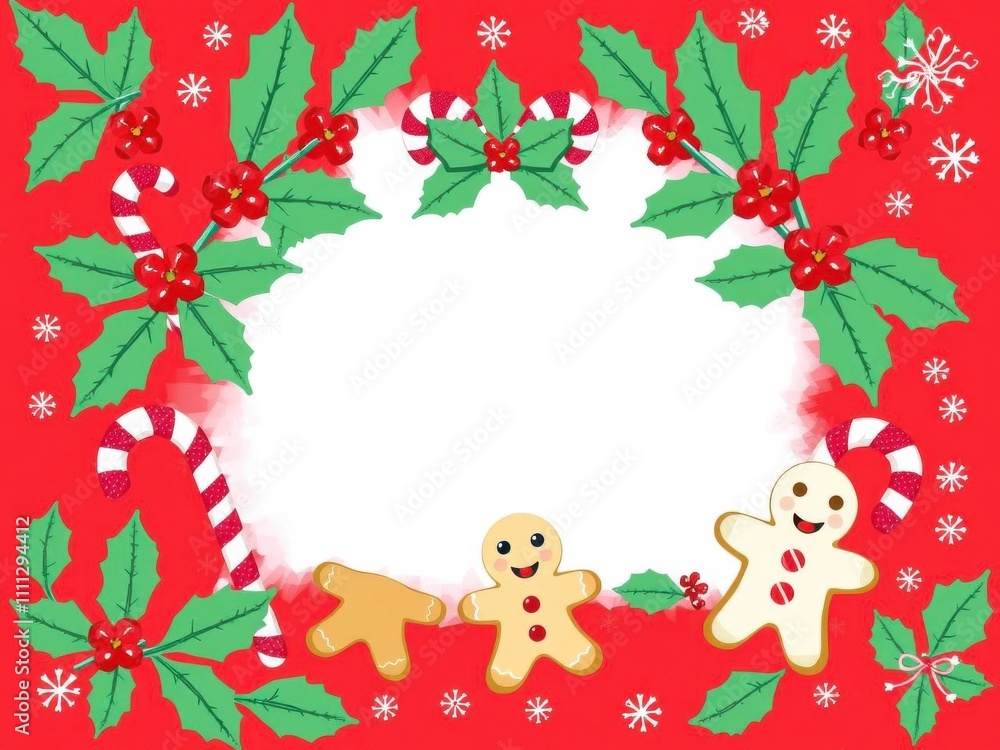 Round Christmas banner with adorable festive illustrations such as snowflakes, holly, gingerbread cookies, and candy canes on a red background, illustrations, red background Round Christmas banner with adorable festive illustrations such as snowflakes, holly, gingerbread cookies, and candy canes on a red background, illustrations, red background