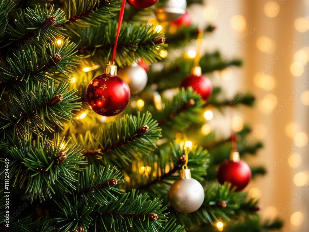 Shiny Christmas ornaments hanging on a tree with twinkling lights, season, green Shiny Christmas ornaments hanging on a tree with twinkling lights, season, green